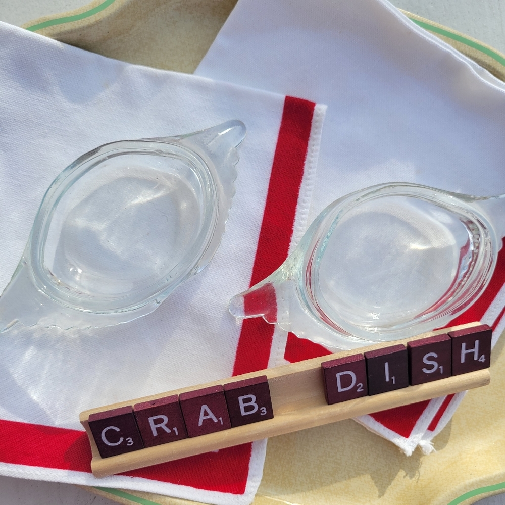 Vintage Glasbake Crab Dishes & Napkins (2) ~ MCM ~ Party ~ Appetizer ~ Seafood